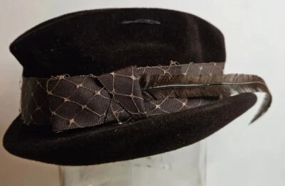 VTG Womens Brown Velour Fedora Original Hat Net feathers band, Flapper Core S 22 — 第 1/4 张图片