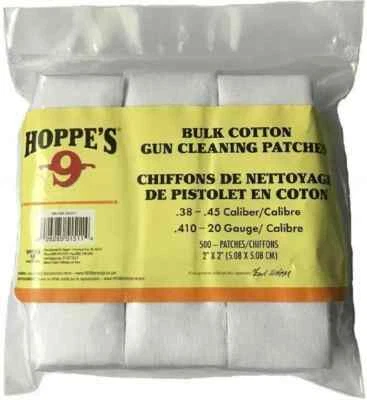 Hoppes Gun Cleaning 500 Patches Bulk 2 inch Square Cotton 9mm .357 .38 .40 .45