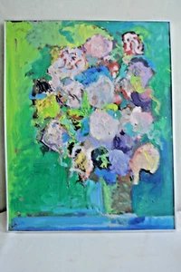 Vtg Mid Century Modern oil Painting 70s Art Bright Flowers signed 30" x 24" - Picture 1 of 7