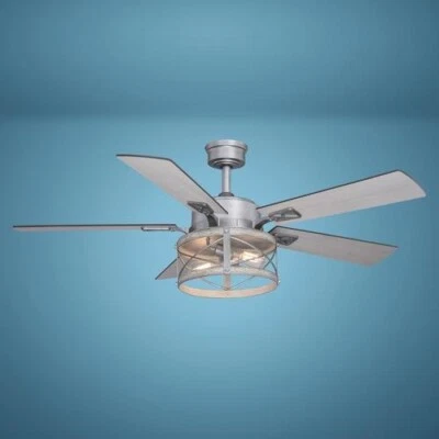 52" White Wash Faux Wood Galvanized Indoor LED Ceiling Fan Remote Steel Shade - Image 1 of 4