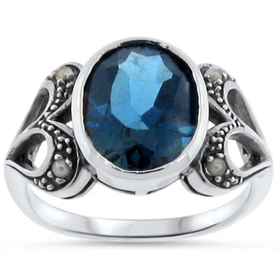 ANILLO DE PLATA ESTERLINA 925 ESTILO ANTIGUO PERLA TOPACIO AZUL LONDRES GENUINO 3 QUILATES 304z Foto 1 de 3