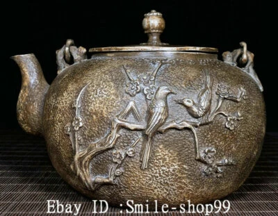 Vaso de chá 8,6" porcelana antiga prata dinastia ameixa flor pássaro vinho - Imagem 1 de 4