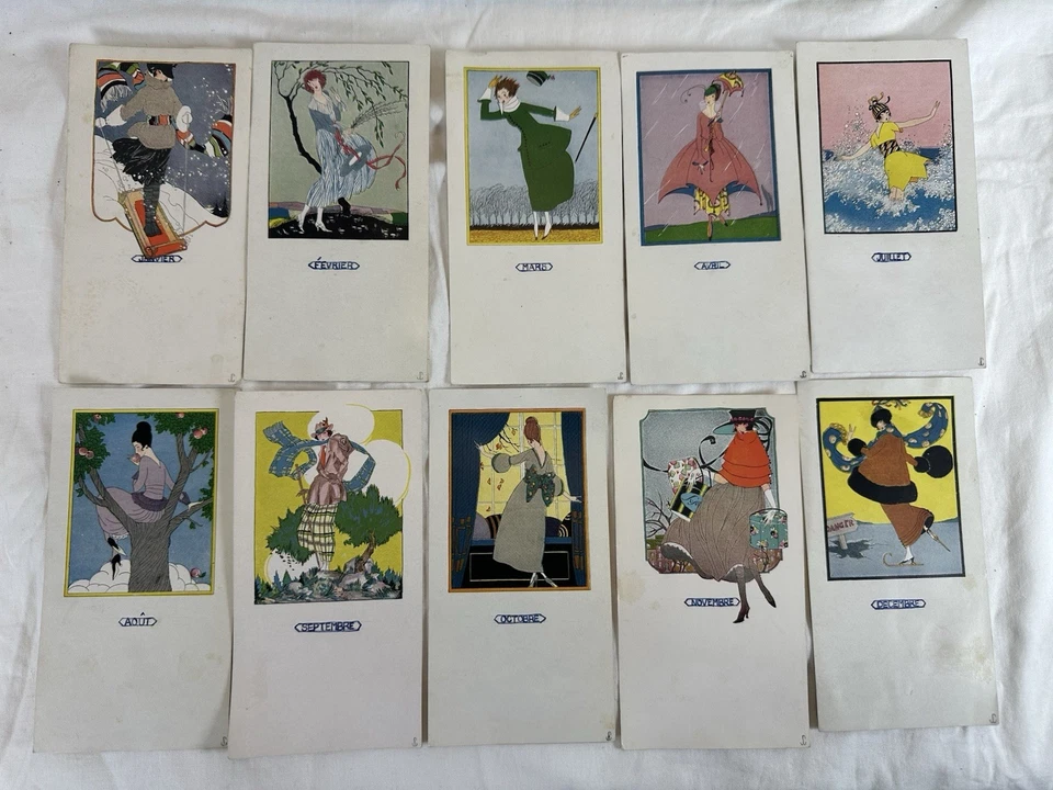 Ilustrações raras de calendário art déco - Conjunto colecionável original 10 de 12 meses - Imagem 1 de 4