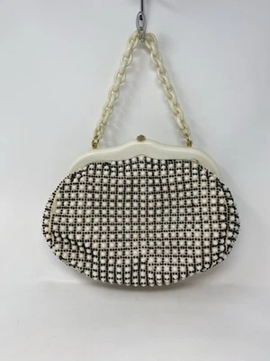 Vintage 1950s Beaded Lucite Bag Purse Cream Handmade Hong Kong Chain Handle - Image 1 of 4