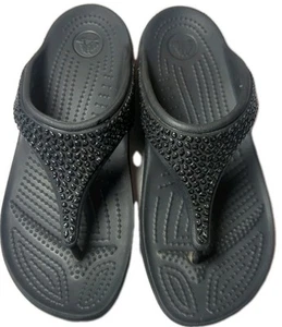 Crocs Women's Capri Black Rinstone Comfort Flip Flop Thong Sandals Size 7 - Picture 1 of 5