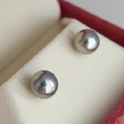 Серьги-гвоздики 8,8-9,0 мм круглый серый таитянский культивированный жемчуг платина 900 - Изображение 1 из 4