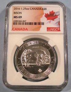 2016 CANADA $8 SILVER MAPLE LEAF BISON NGC MS 69 S$8 1.25 1 1/4 OZ SILVER - Picture 1 of 4
