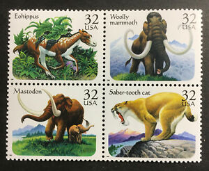 Prehistoric Animals Mastodon Saber-tooth Cat MNH Block 4 Stamps 1996 USA #3080a
