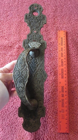 1870 Thumb Latch Entrance Door handle Ornate Brass Bronze Antique Salvage Cover