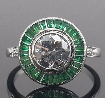 925 Sterling Silver Celebrity Inspired Green Baguette Round Halo Engagement Ring - Image 1 of 4