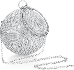 Disco Round Purse Silver Circle Ball Crystal Clutch Shape, - Picture 1 of 7