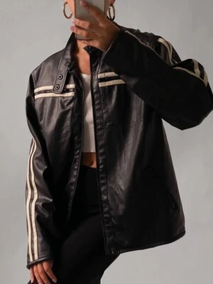 Women Oversized Striped Cafe Racer Jacket, Genuine Leather Motorcycle Jacket - Image 1 of 4