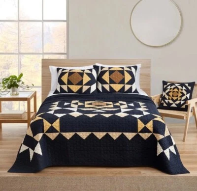 PENDLETON LACE RIVER Pieced Reversible Quilt Set Navy Blue Gold Ivory New - Twin - Image 1 of 4