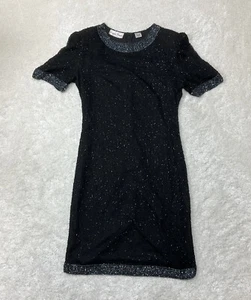 Laurence Kazar Womens Size M Black Beaded Formal Silk Sheath Dress Round Neck - Picture 1 of 11