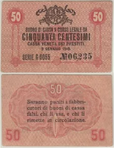 Italian States: Venice 1918 Military Payment Certificate 50 centesimi P-M3 - Picture 1 of 3