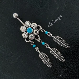 14g white cz turquoise Tribal dreamcatcher dangle Feather Belly Ring (B401) - Picture 1 of 3