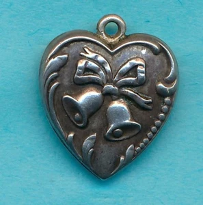 Vintage Sterling Enamel 40's PUFFY HEART ~ WEDDING BELLS Design ~ Charm  - Picture 1 of 2