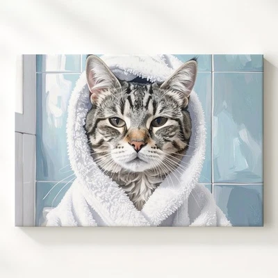 Pampered Tabby Cat In Spa Robe Canvas Feline Self-Care In Soft Blue Bathroom - Image 1 of 4