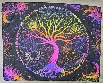 Tree Of Life Trippy Moon Stars Glow in the Dark Blacklight Tapestry Wall Hanging - Image 1 of 4