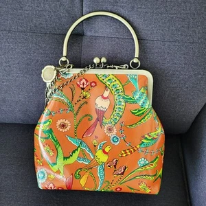 Patricia Nash Leather Purse Novella Frame Kiss Lock Orange Tropical Birds Art - Picture 1 of 21