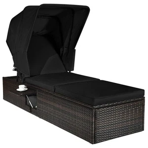 Costway Plastic Wicker Rattan Outdoor Chaise Lounge with Top Canopy Tea Table - Picture 1 of 8