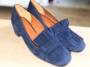 PENELOPE CHILVERS Cocquette Blue Navy Suede Fringe Tassel Heels Pump Loafer 38 5 - Picture 1 of 6