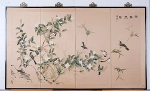 1970s Japanese Byobu Springtime Birds & Blossoms 4-Panel Folding Screen G+ - Picture 1 of 11