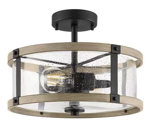 Hampton Bay Richland 2-Light Grey Wood Semi Flush Mount Clear Seedy Glass - Picture 1 of 7