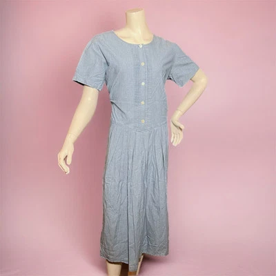 Vestido recto vintage Laura Ashley talla 12 denim plus cintura midi plisada Foto 1 de 4
