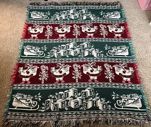 CHRISTMAS Throw Blanket Fringe Tapestry Vintage Look Retro Santa Sleds 48x56” - Picture 1 of 5