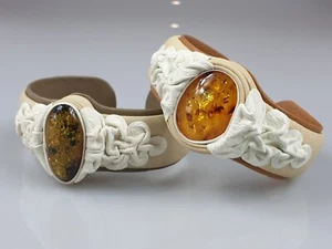 Pulsera de cuero blanco ajustable grande ámbar auténtico joyería hecha a mano nueva - Imagen 1 de 4