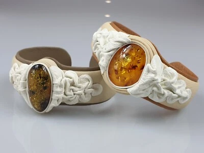 Weiss leder Armband Einstellbare grosse echt Bernstein Handgemacht Schmuck neu - Bild 1 von 4