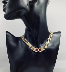 Gold Plated Brick Chain Necklace Crystals and Faux Ruby Quality Vintage - Picture 1 of 6