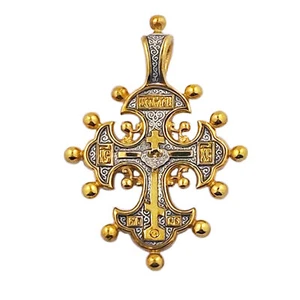 Ciondolo Croce Vecchio Credente Argento Sterling 925 Placcato Oro 24 KT, 1 1/2 Pollice - Foto 1 di 3