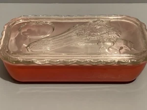 Vintage Jeanette Red Refrigerator Dish W/RARE Vegetable Embossed Scalloped Lid - Picture 1 of 9