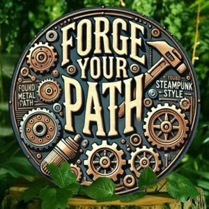 8x8 Inch Round "Forge Your Path" Gear Steampunk Wall Art Metal Sign Wall Decor - Picture 1 of 2