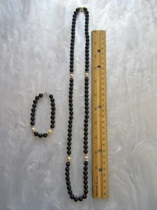 VTG ESTATE 14K SOLID GOLD BLACK ONYX BEAD AKOYA WHITE PEARL NECKLACE & BRACELET - Picture 1 of 17