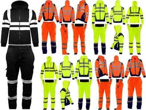 HI VIS VIZ MEN'S NEW TROUSERS SAFETY WORK WEAR JOGGING BOTTOMS PANTS HOODIE TOP - Picture 1 of 31