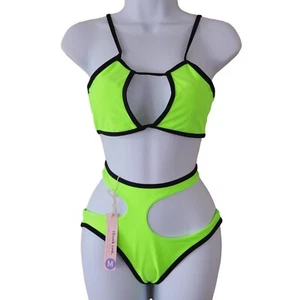 807 Lingerie Neon Green Fashion Bikini Black Trim Sz Med Fashion Swim Wear NWT - Picture 1 of 7