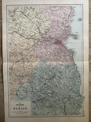 Mapa antiguo original coloreado a mano de los alrededores de Dublín de 1885 de G.W. Tocino Foto 1 de 3