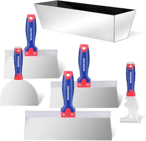 6-Pc Stainless Putty Knife Set - Drywall Tools w/ Mud Pan & Multi-Scraper - Picture 1 of 8