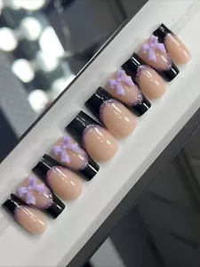 ๐๐ค CUSTOM Press On Nails FRENCH BLACK PURPLE BOW BLING 10p SET W Kit - Picture 1 of 9