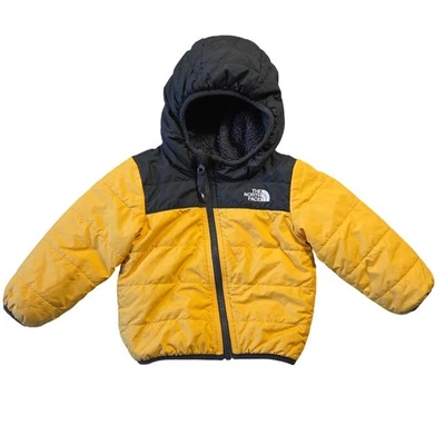 The North Face Kids Reversible Puffer Jacket Yellow Black Hooded Winter Size 6M - Image 1 of 4