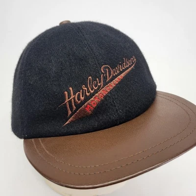 Boné Harley Davidson motocicletas mistura de lã couro preto feito nos EUA - Imagem 1 de 4