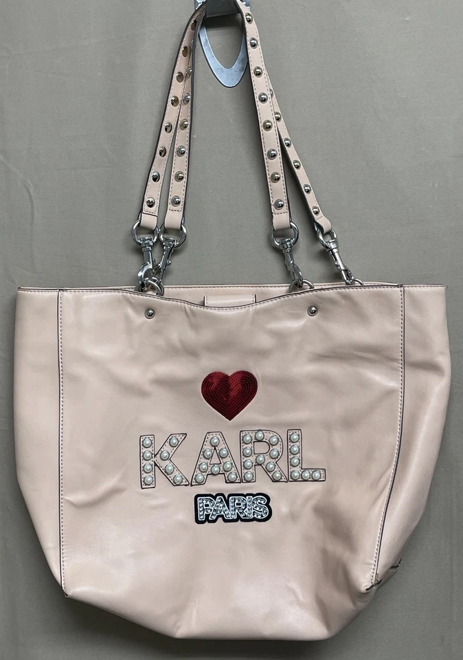 Karl Lagerfeld Paris Shugg Faux Leather Novelty Tote Pearl Sequin Handbag Purse - Image 1 of 4
