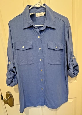 Blusa de Colección Kathy Che Azul Abotonada Mujer’s 10 - Mangas con Pestaña Enrollable - Lino Foto 1 de 4