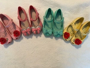 Lot 4 Pairs Mini Melissa Rubber Shoes Girls Size 10 Disney Belle Pink Bow Green - Picture 1 of 24