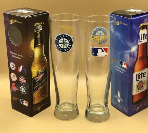 2 MLB Miller Collector Series Beer Glasses SEATTLE MARINERS - 9 3/4" tall - NIB Cover