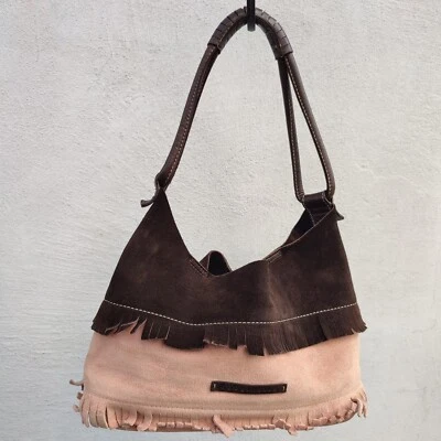 Bolso Hobo Pequeño Hippie Coccinelle Vintage Y2K Gamuza Marrón - Rosa con Flecos de Hombro Foto 1 de 4