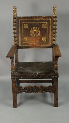 Antique 19th Century Renaissance Spanish Revival Leather Throne Chair(13554) - Image 1 of 4